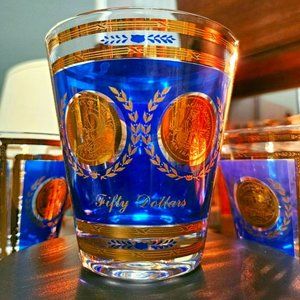 SOLD*Culver MCM Blue and 22k Gold Coin Highball(4") Glasses - Set of 4